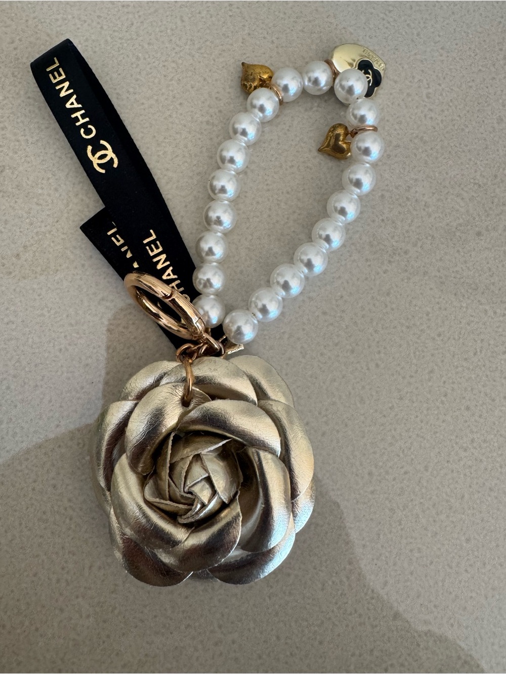 CHANEL Gold Camellia Pearl Bracelet Charm/Keychain